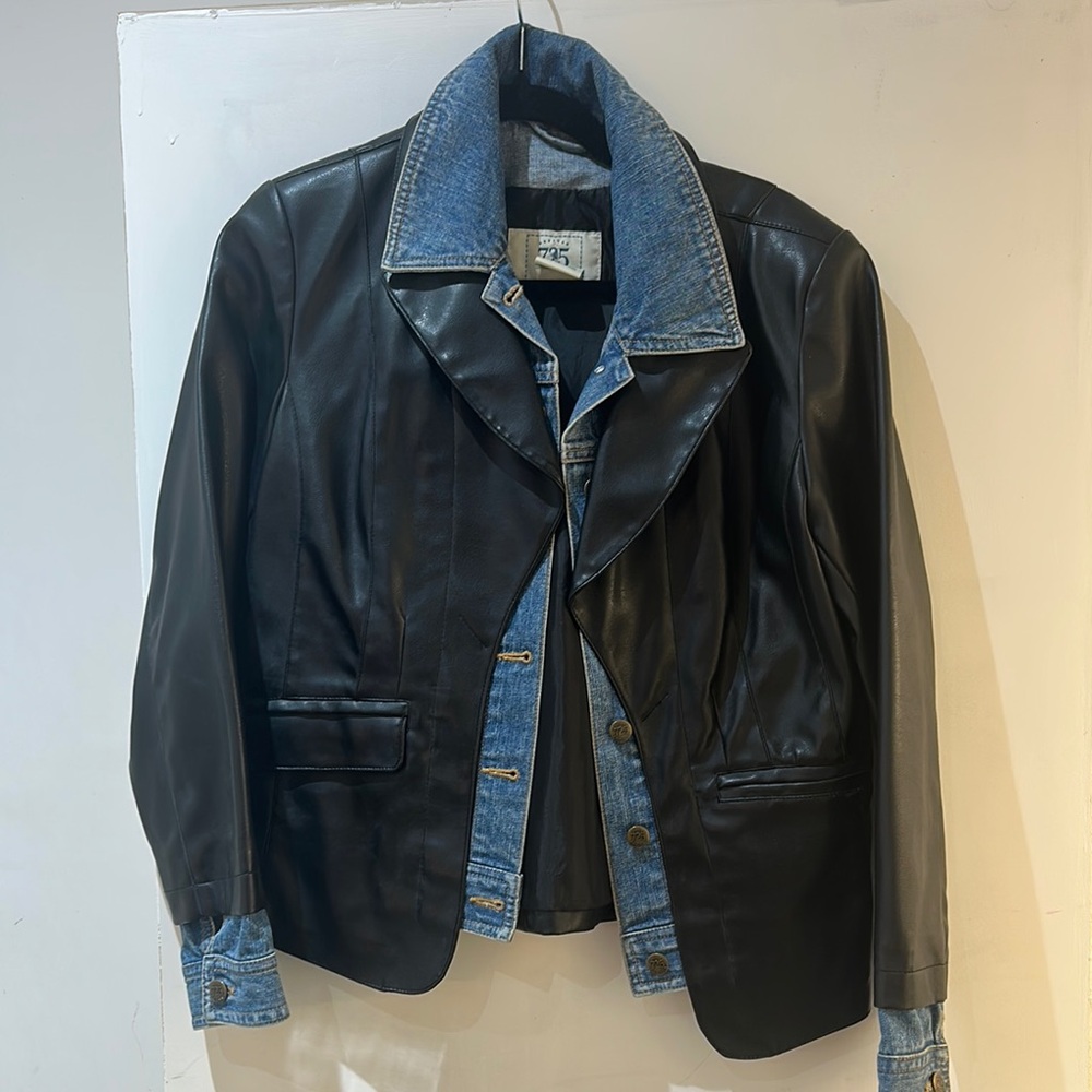 Black Leather Jacket with Denim Accents